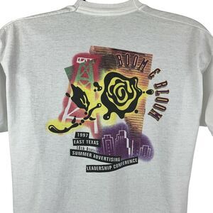 Vintage 90s Boom & Bloom Texas T Shirt Advertising Conference White XL X-Large